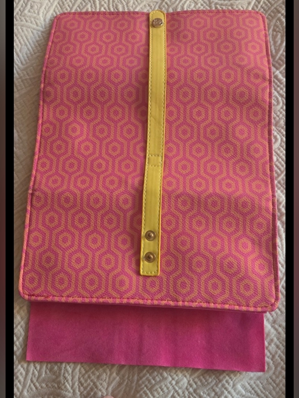 Pink Geometric Foldover Jewelry Travel Bag with Yellow Strap - Picture 4 of 10